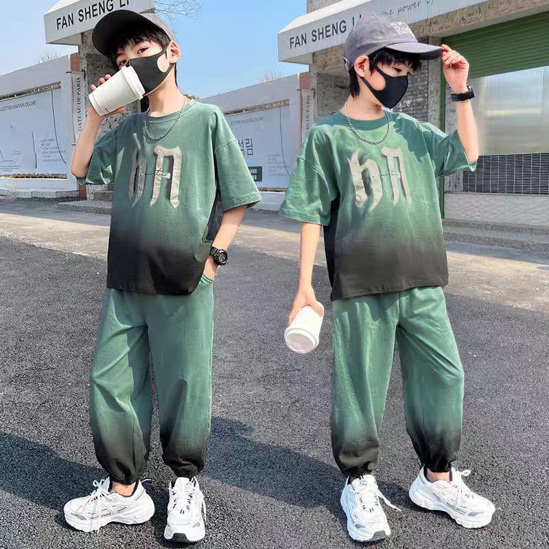 Boys' summer short-sleeve and pants set,  new style, mid-to-large children's activewear, kids' summer lightweight two-piece outfit
