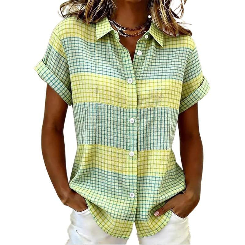 Amazon plaid shirt collar short sleeve shirt women's  summer new casual slim fit everyday top