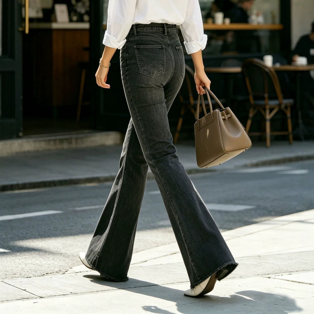 European and american style black washed stretch flare jeans - women's high-waisted raw hem slimming versatile workwear flare pants