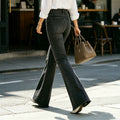 European and american style black washed stretch flare jeans - women's high-waisted raw hem slimming versatile workwear flare pants