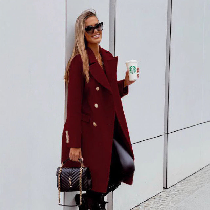 e-commerce european and american women's clothing   spring double-breasted mid-length woolen casual coat