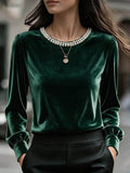 European and american style velvet base layer top - round neck, beaded embellishments, long sleeves with cuffed sleeves, elegant inner layer top - wholesale supply