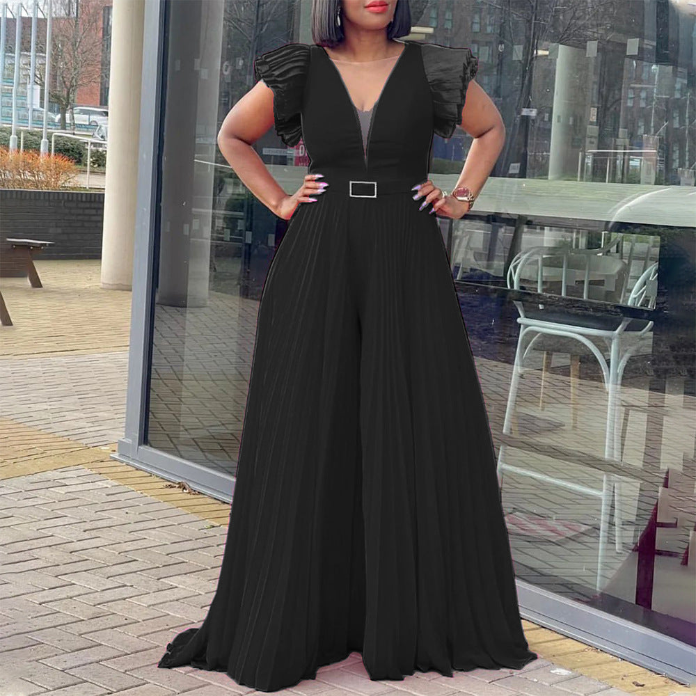 D291 plus size women's jumpsuit with belt - new european and american style, mesh, see-through, sexy, pleated, wide leg, cinched waist, export quality