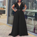 D291 plus size women's jumpsuit with belt - new european and american style, mesh, see-through, sexy, pleated, wide leg, cinched waist, export quality