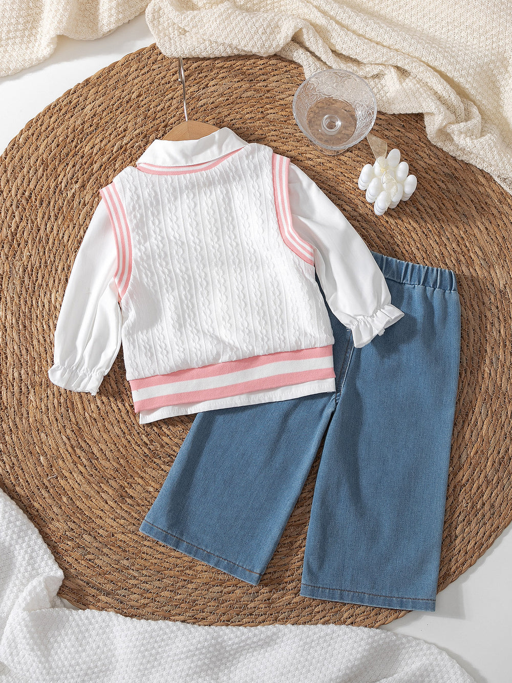 new autumn cross-border collegiate style girls' three-piece set: turn-down collar blouse + knitted vest + embroidered denim jeans