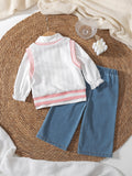 new autumn cross-border collegiate style girls' three-piece set: turn-down collar blouse + knitted vest + embroidered denim jeans