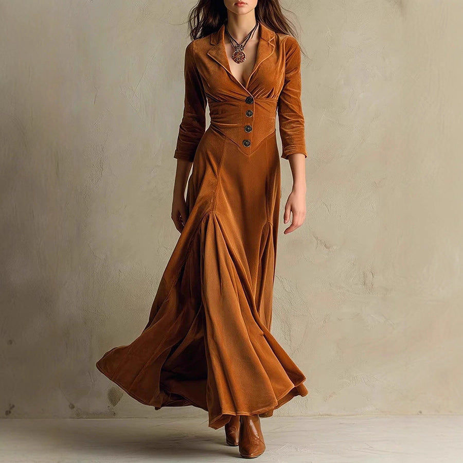 european and american women's clothing  independent station pure color button lapel three-quarter sleeve long skirt dress waist swing skirt