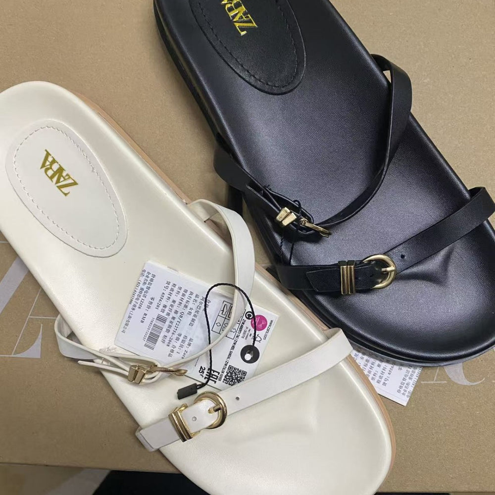 Za2025 summer/spring new women's fashion buckle strap sandals outdoor casual slippers leather buckle sandals