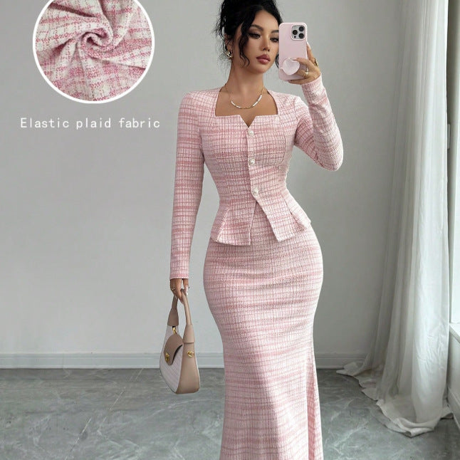 cross-border fashion lapel long-sleeve short plaid blazer & chic tweed dress set