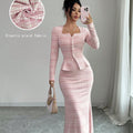 cross-border fashion lapel long-sleeve short plaid blazer & chic tweed dress set