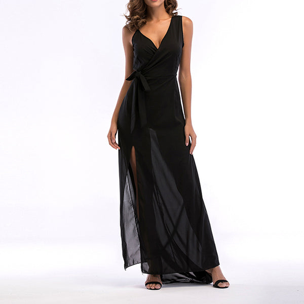wish   Europe and the United States sexy women's clothing solid color suspender skirt black chiffon dress