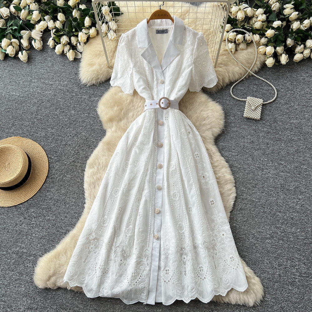 French romantic lace cutout dress - women's summer short sleeve, slim fit a-line dress - office chic & high-end style