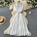 French romantic lace cutout dress - women's summer short sleeve, slim fit a-line dress - office chic & high-end style