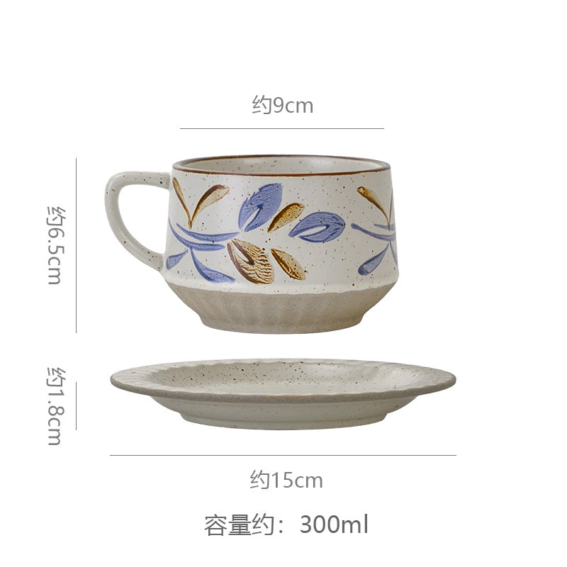 Vintage rustic pottery coffee cup and saucer set - hand-painted underglaze ceramic coffee cup - premium drinking cup - birthday & housewarming gift