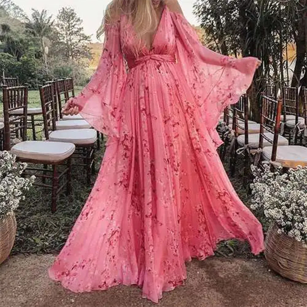 new autumn/winter cross-border fashion: european & american v-neck floral print pink maxi dress - plus size maternity swing dress