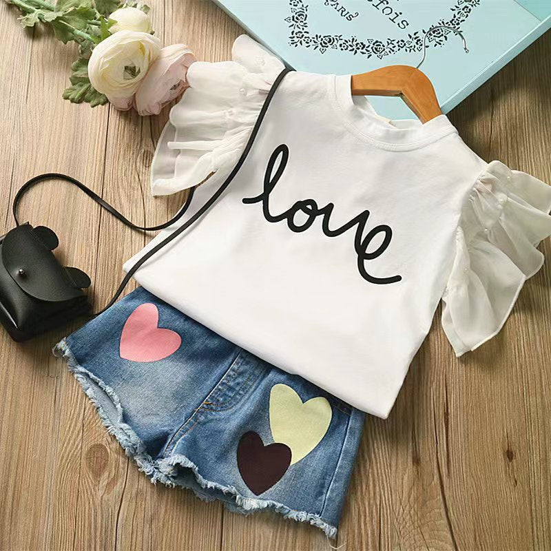 Summer hot-selling girls' outfit: korean style kids' denim shorts + t-shirt short sleeve two-piece set - direct from the children's wear manufacturer