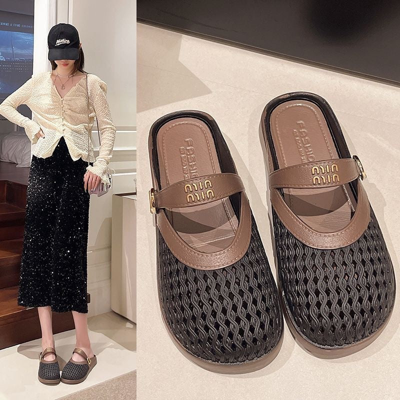 2025 summer new arrival: woven, hollow-out, breathable, minimalist, versatile, casual, comfortable, low-cut, wearable-out, flat, half-slipper women's shoes