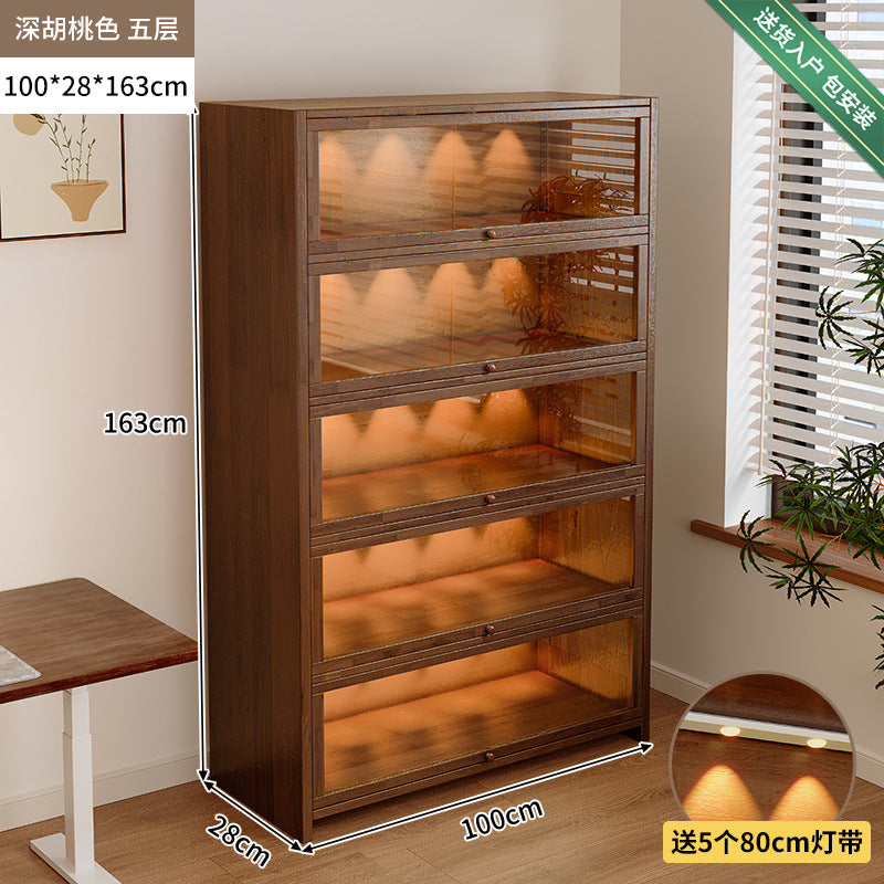 Solid wood dust-proof bookcase integrated against the wall Walnut color storage cabinet Locker Floor storage cabinet Household bookshelf