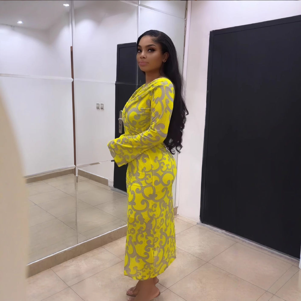 European and american cross-border women's clothing:  autumn/winter new collection - long sleeve, deep v-neck, cinched waist, printed, elegant long dress