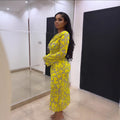 European and american cross-border women's clothing:  autumn/winter new collection - long sleeve, deep v-neck, cinched waist, printed, elegant long dress