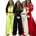713 women's pant suit: fashionable sporty style zipper drawstring hem jacket + pocket wide-leg pants