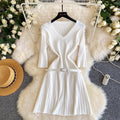 Vintage-inspired commute style v-neck knit dress - women's summer short sleeve pleated a-line dress with belt, designed to flatter and slim the waist