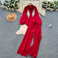 European and american style casual suit for women - autumn collection: heavily embroidered beaded mesh panel long sleeve loose-fit shirt with high-waisted wide-leg pants