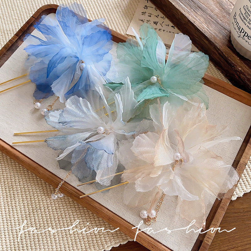 Dead leaf butterfly hairpin retro chiffon flower pearl tassel u-shaped hairpin new chinoiserie hair accessories hair elegant headwear