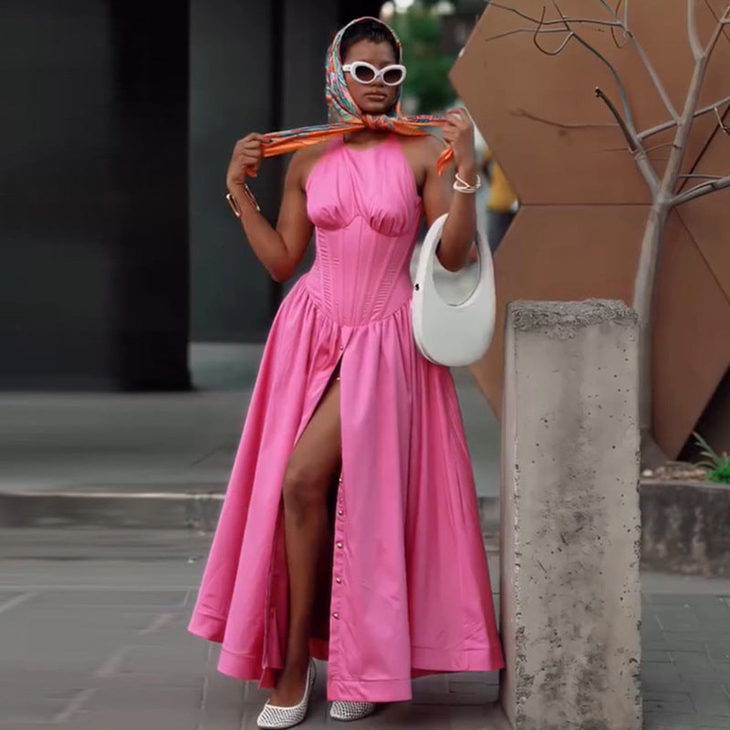 European and american women's clothing  autumn new collection: sweet and fresh sleeveless a-line maxi dress with cinched waist for a slimming silhouette