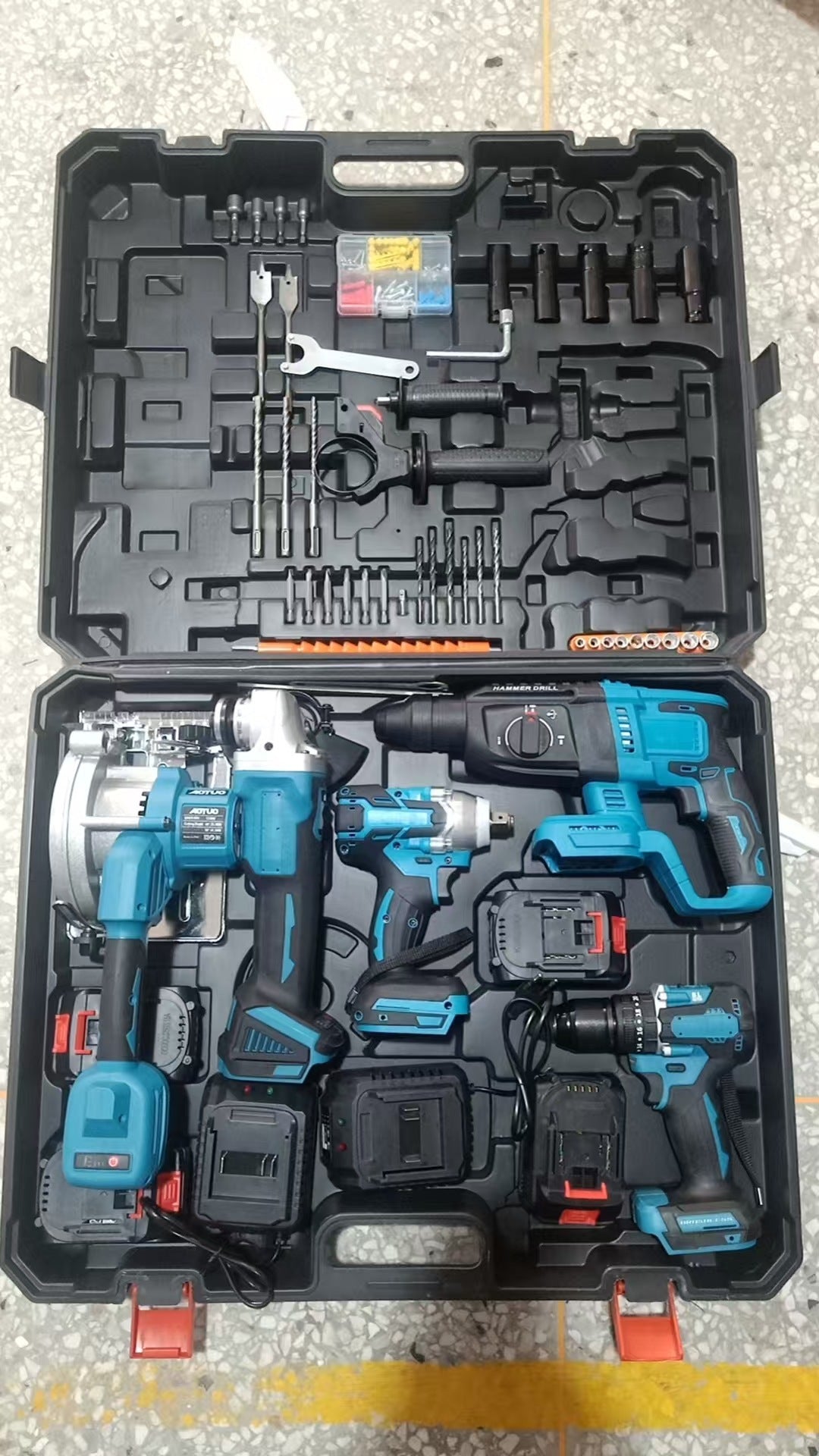 Brushless lithium power tool set, lithium battery impact drill angle grinder, electric drill wrench four-piece set, 2 batteries universal
