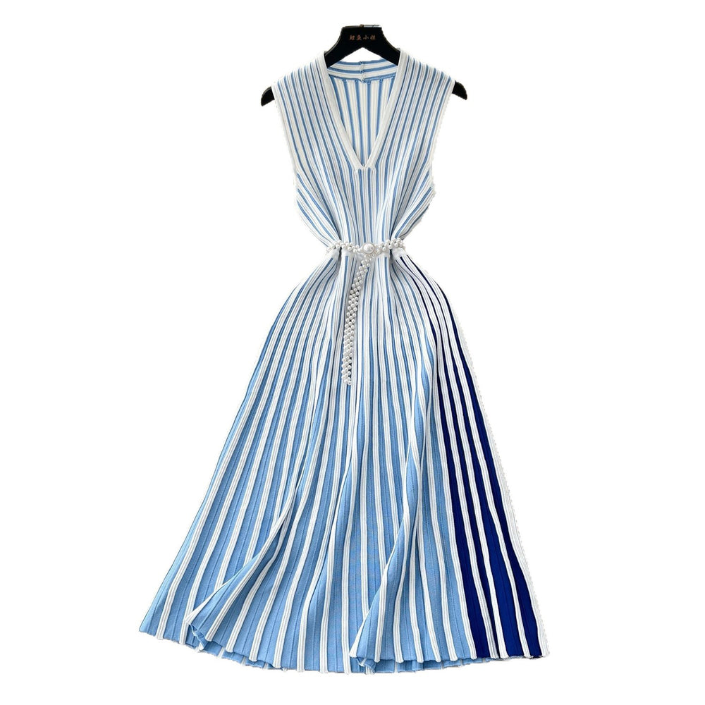 European and american style sleeveless knitted striped dress - women's summer asymmetrical neck belted midi dress - mature and chic