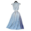 European and american style sleeveless knitted striped dress - women's summer asymmetrical neck belted midi dress - mature and chic
