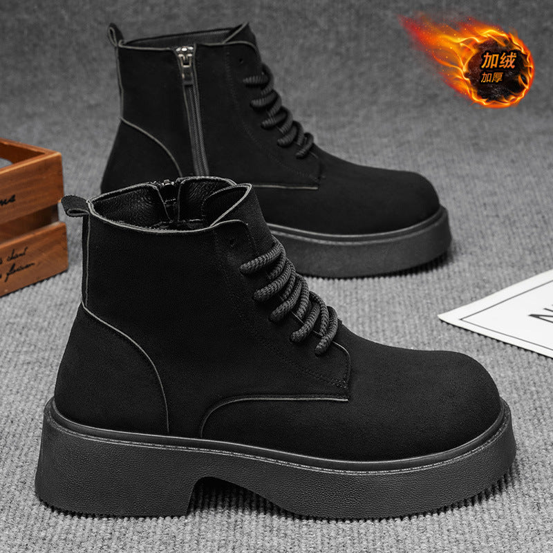 2025 men's winter new arrival: fleece-lined warm cotton shoes, high-top leather boots, british style chunky sole non-slip height-increasing martin boots
