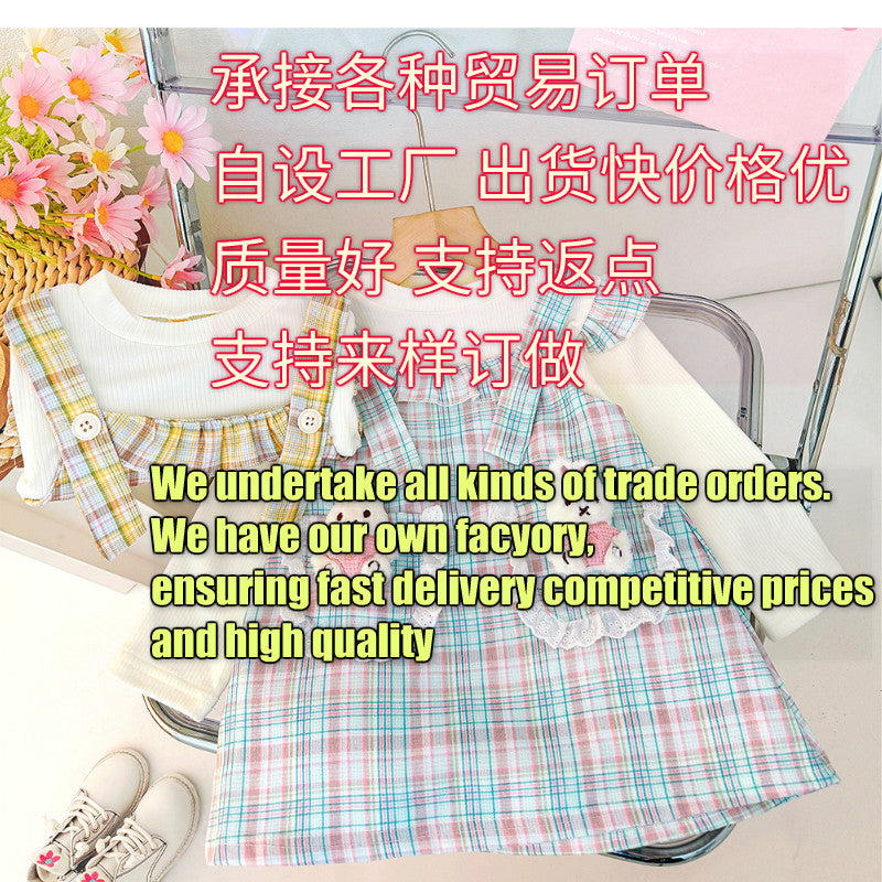Girls' dress  autumn collection: adorable baby girl dress with cartoon bunny and plaid patchwork, long sleeve