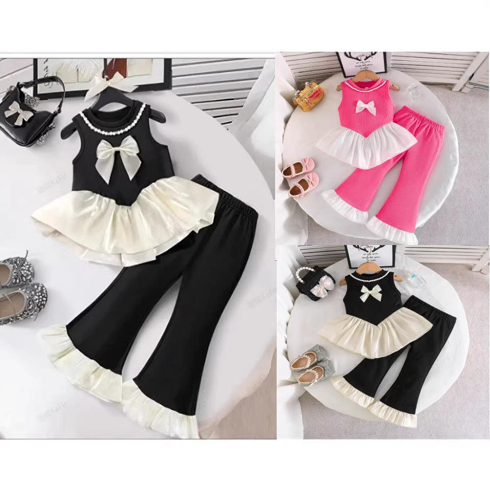 girls' chanel-inspired outfit: sleeveless bow-topped top + ruffle flare pants two-piece set (summer)