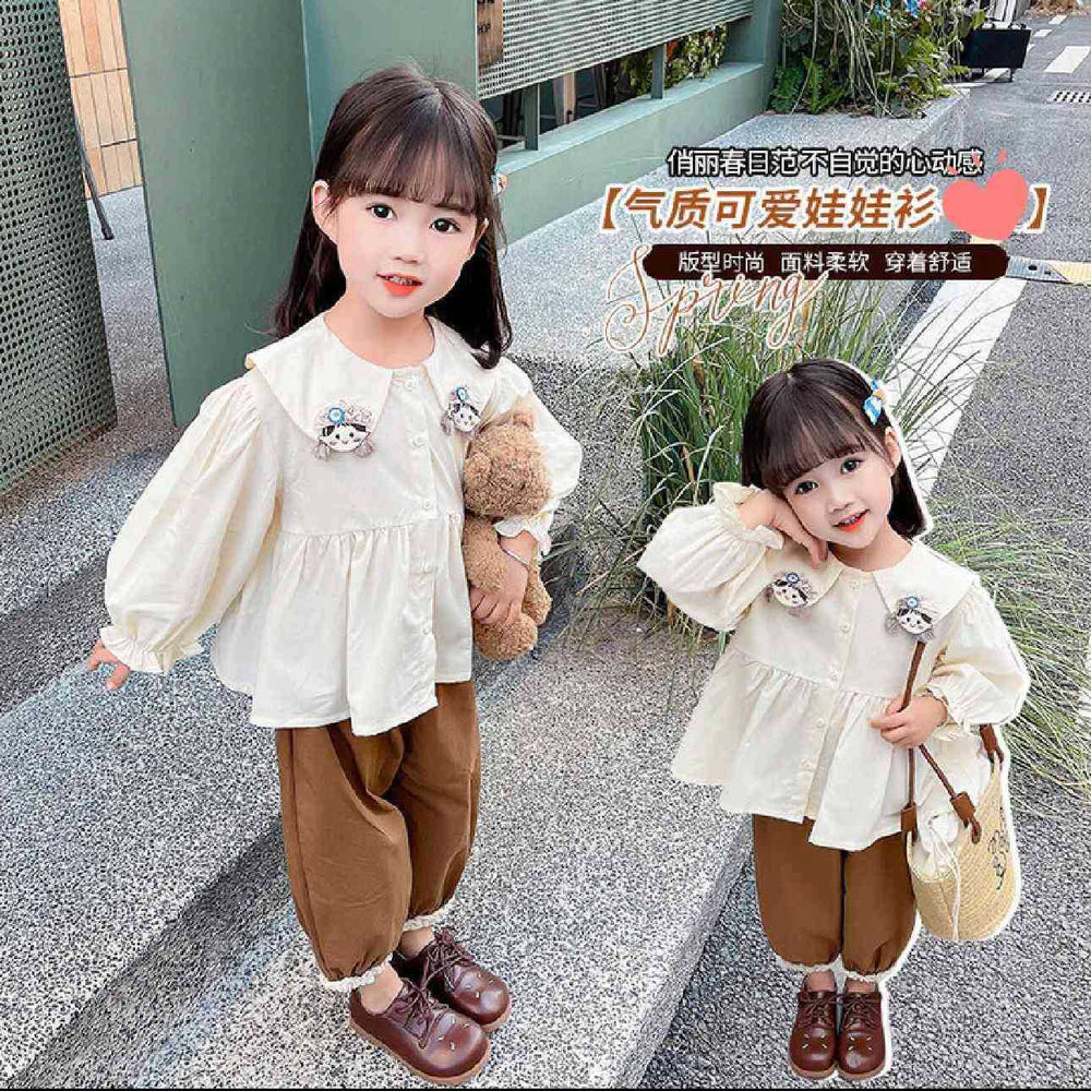 Girls' spring long-sleeve new style fashionable children's clothes baby doll shirt trendy kids' wear turn-down collar for girls
