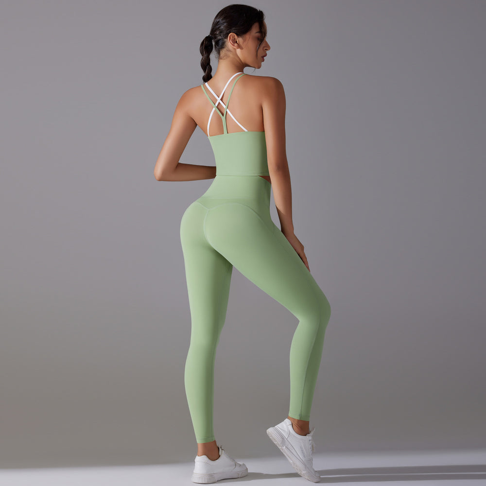 New antibacterial seamless underwear yoga set - beautiful back crisscross color block sports bra & fitness yoga outfit two-piece set