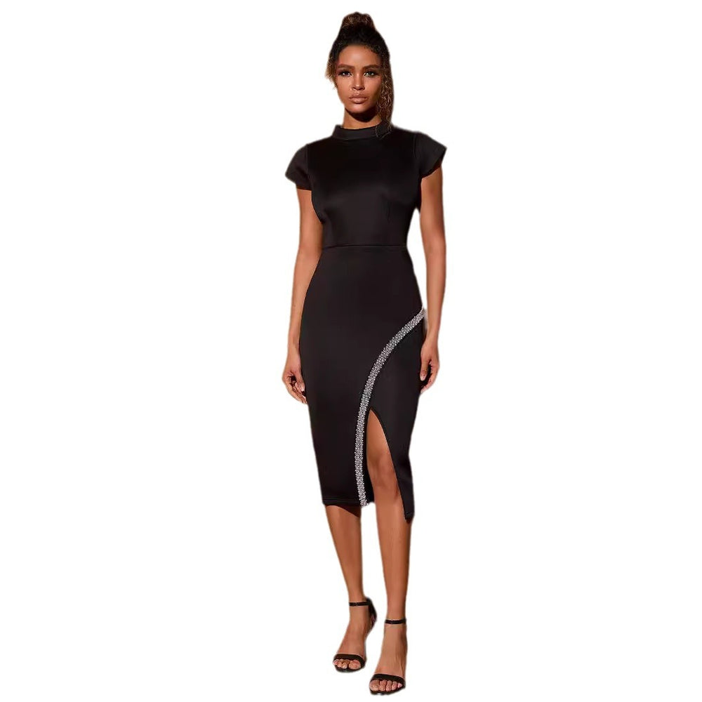 supply of african fashion silm hip-covering short-sleeved high-collar beaded slit dress small dress special price