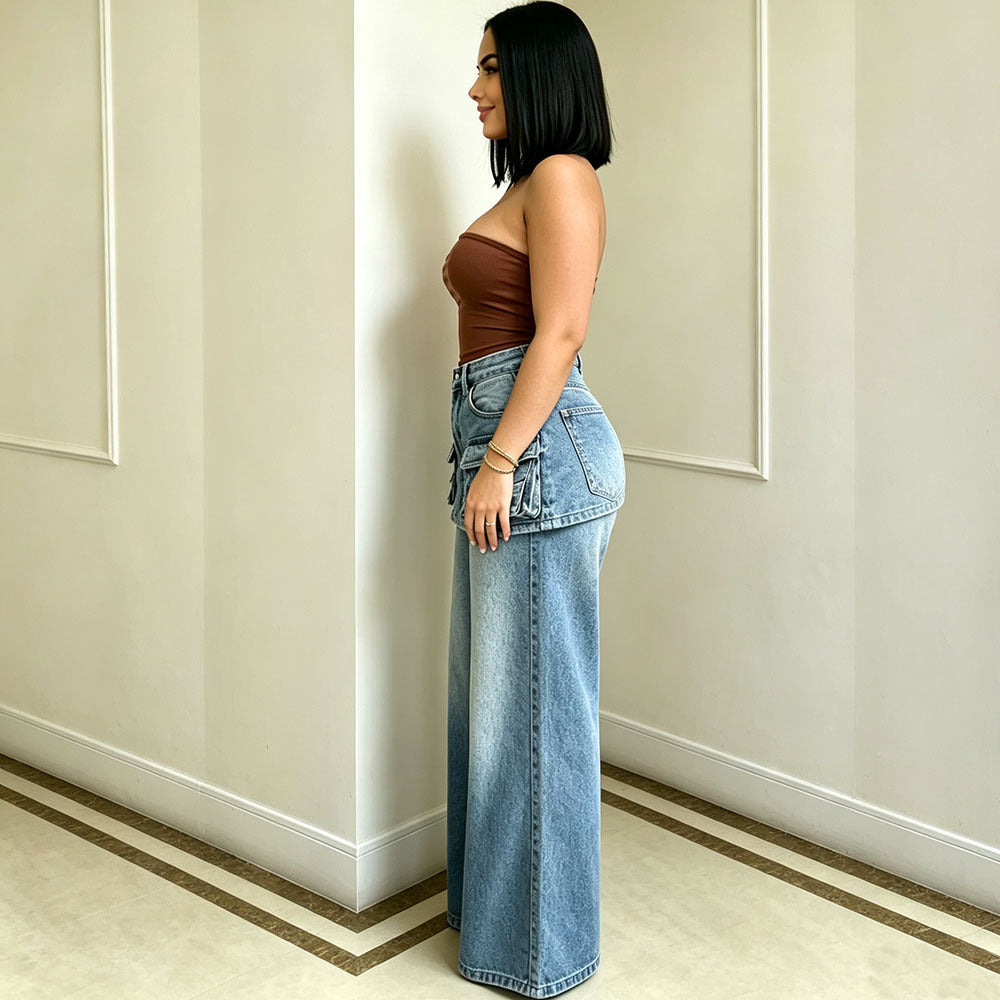 European and american high-waisted wide-leg jeans - new  cross-border women's fashion multi-pocket faux two-piece culottes