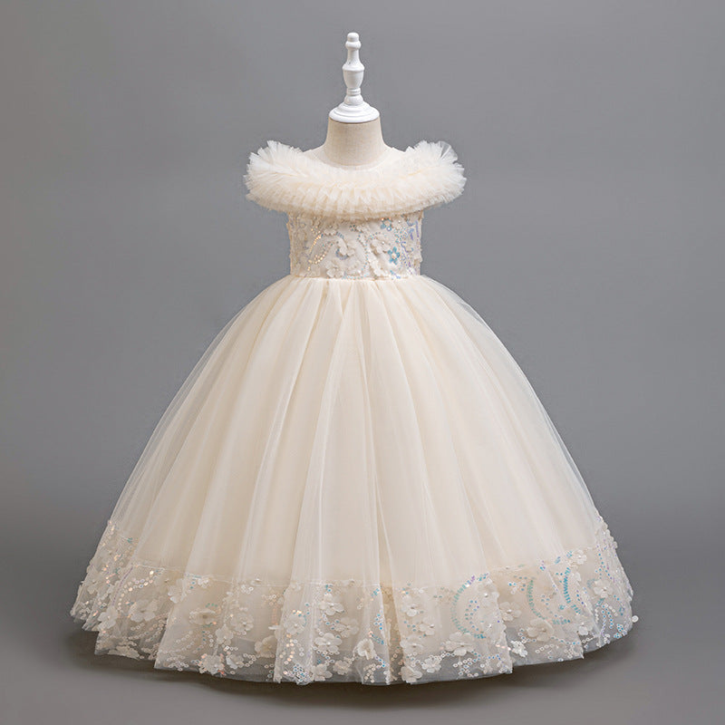 export girls' formal dress with lace and mesh – perfect for piano recitals, festive celebrations, and elegant hostess outfits – wholesale available