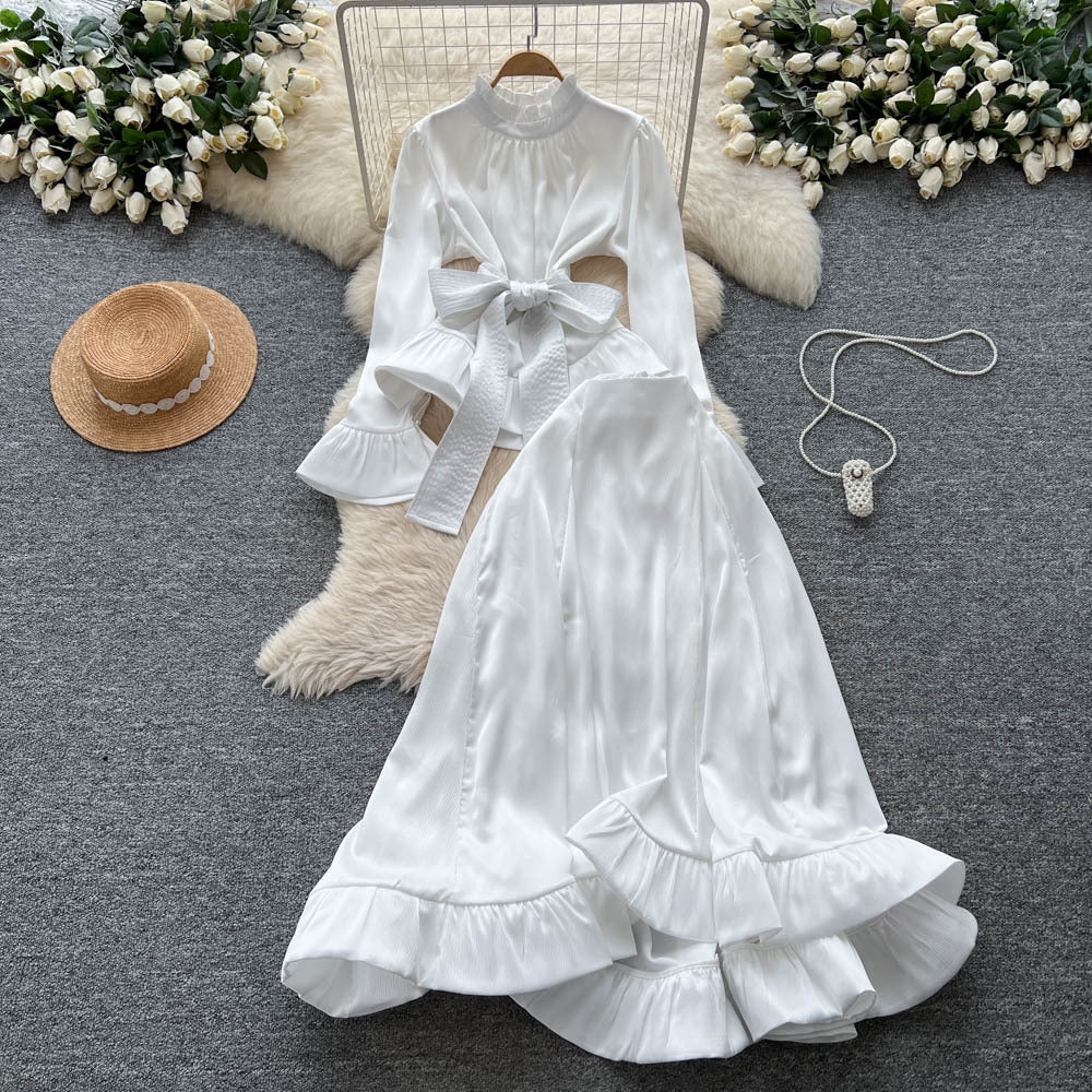 European and american fashion tie-waist long sleeve satin top and high-waisted flared ruffle skirt two-piece set for women - autumn collection