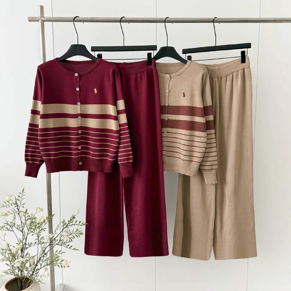 export autumn/winter new round neck color block striped long sleeve knitted cardigan wide leg pants sweater two-piece set for women