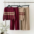 export autumn/winter new round neck color block striped long sleeve knitted cardigan wide leg pants sweater two-piece set for women