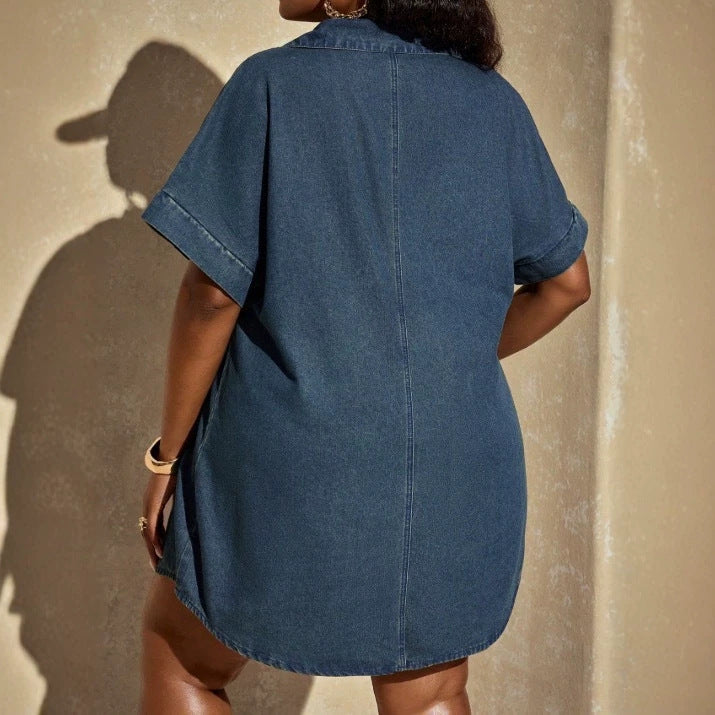 European and american cross-border independent station  summer new products lapel short sleeve loose dress denim shirt dress plus size