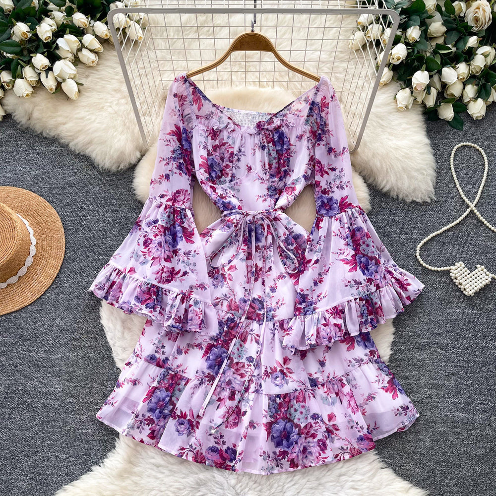 French romantic floral flared sleeve dress - women's spring/autumn cinched waist slimming tiered dress - elegant vacation style
