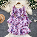 French romantic floral flared sleeve dress - women's spring/autumn cinched waist slimming tiered dress - elegant vacation style