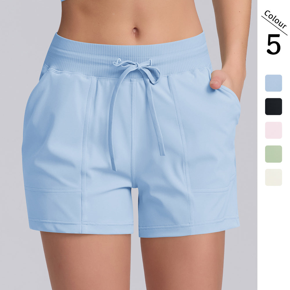 New solid color drawstring pocket yoga training tight yoga shorts high elasticity sports running fitness capri pants for women