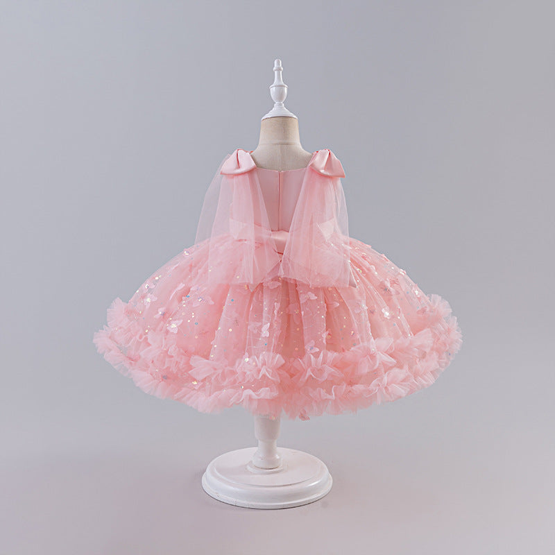 Girls' dress - flutter sleeve, gold foil bow, spaghetti strap, baby cross-border tutu dress - cute birthday party princess outfit