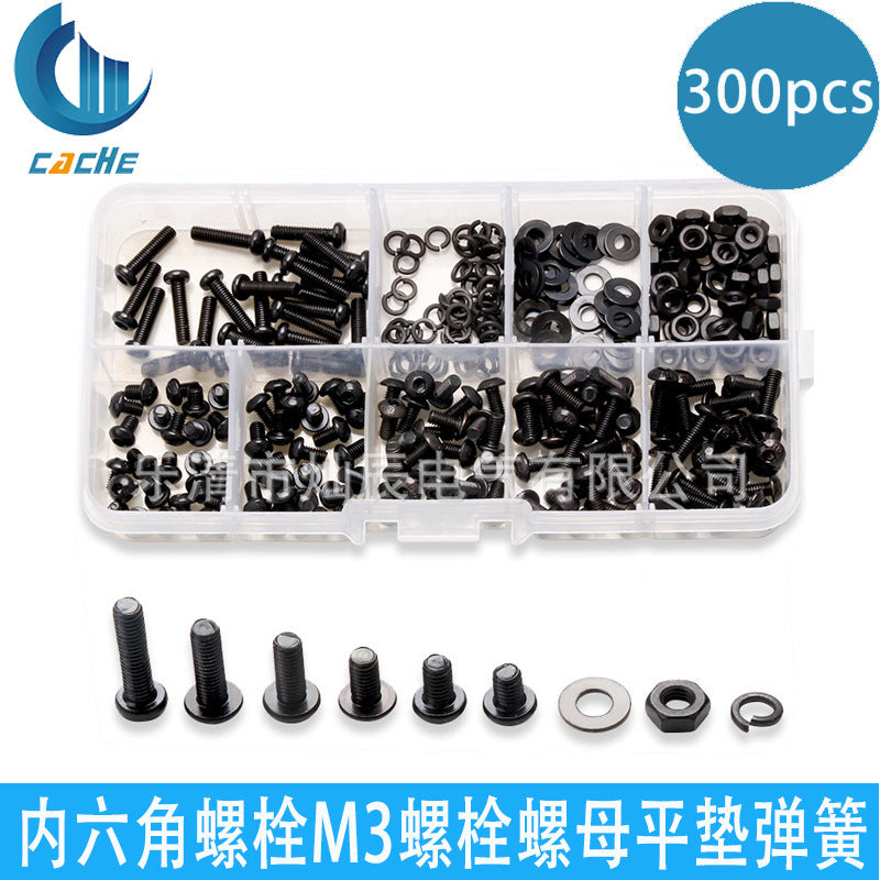 Cross-border supply 300PCS anti-loose bolt nut flat pad black, round head hexagon bolt M3 spring gasket