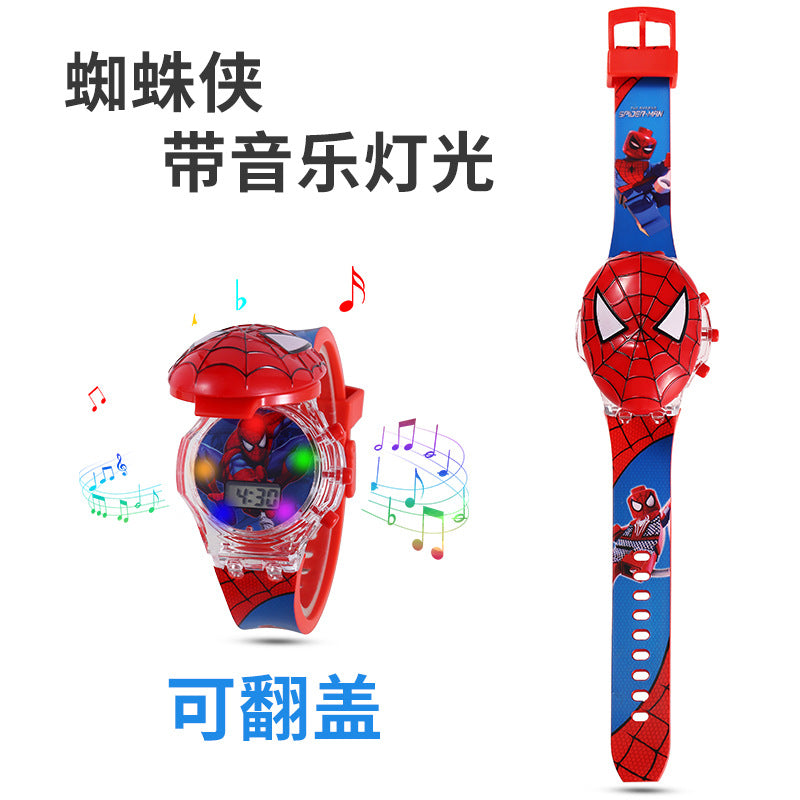 Superhero watch cartoon luminous flip cover elsa princess kuromi electronic birthday gift boy toy watch